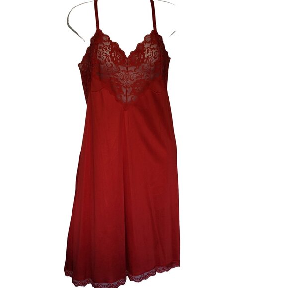 Vintage Slip Dress Lace Trim Size 40 Adjustable Straps Red Silky Nylon Antron Va - Picture 3 of 7